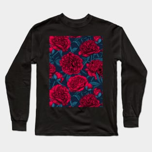 Night peony garden in red and blue Long Sleeve T-Shirt